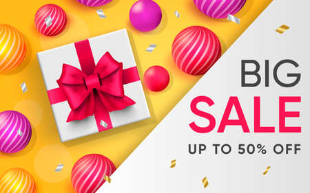 3d poster of Big Sale up to 50 percent off realistic design. Discount prices profitable offer website background. Attract new customers, loyalty program. Vector illustration of advertising web bannerのイラスト素材