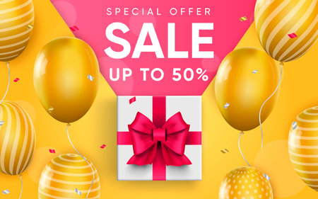 3d poster of Sale up to 50 percent realistic design. Discount prices offer. Flyer template for shopping website background with gift box and balloons. Vector illustration of advertising web bannerのイラスト素材