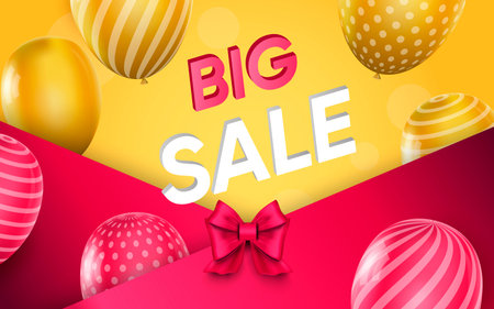 3d poster of Big Sale with yellow and pink balloons realistic design. Discount prices for shopping. Flyer template website background. Marketing tools. Vector illustration of advertising web bannerのイラスト素材