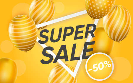 3d poster of Super Sale to 50 percent discount prices with balloons realistic design. Flyer template for shopping website background. Marketing tools. Vector illustration of advertising web bannerのイラスト素材
