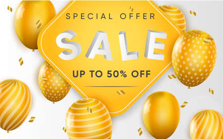 3d poster of Sale up to 50 percent off discount price with yellow balloons in realistic design. Profitable offer for shop website background. Retail. Vector illustration of advertising web bannerのイラスト素材