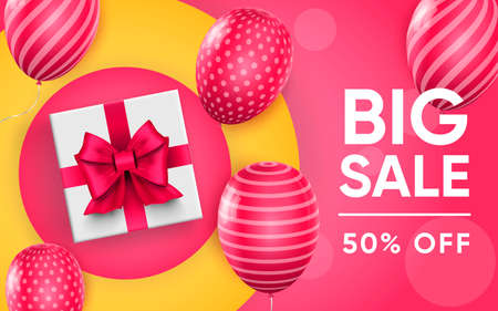 3d poster of Big Sale to 50 percent off with balloons in realistic design. Special offer discount prices website background. Customer loyalty program. Vector illustration of advertising web bannerのイラスト素材