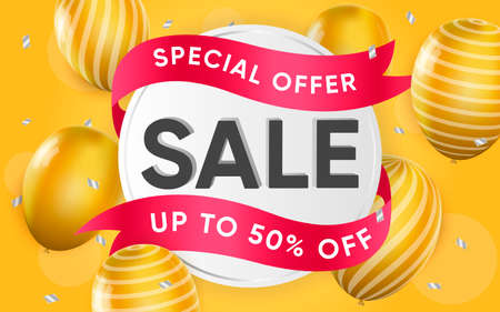 3d poster of Sale in realistic design. Special offer up to 50 percent off discount prices website background with ribbon and balloons. Shopping, retail. Vector illustration of advertising web bannerのイラスト素材