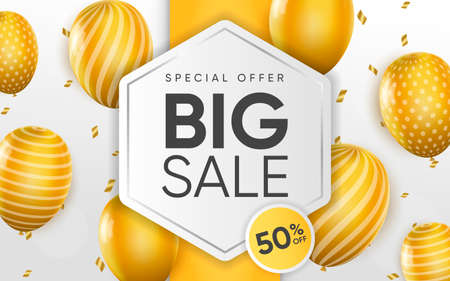 3d poster of Big Sale in realistic design. Special offer to 50 percent off discount price website background with yellow balloons. Shopping, saving money. Vector illustration of advertising web bannerのイラスト素材