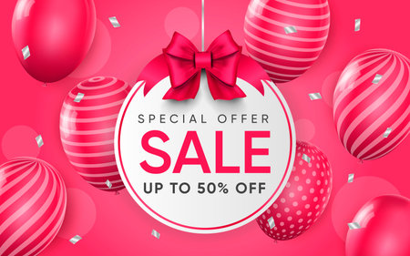 3d poster of Sale to 50 percent off label with bow in realistic design. Special offer discount prices website background with pink balloons. Save money. Vector illustration of advertising web bannerのイラスト素材