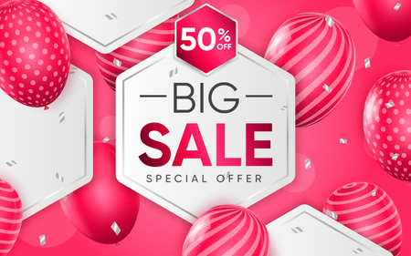 3d poster of Big Sale with Special offer to 50 percent off in realistic design. Discount prices with pink balloons. Flyer template for website background. Vector illustration of advertising web bannerのイラスト素材