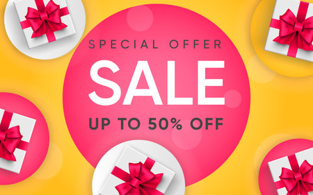 3d poster of Special offer Sale up to 50 percent off in realistic design. Flyer template with discount price for website background. Loyalty program. Vector illustration of advertising web bannerのイラスト素材