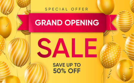 3d poster of Grand opening Sale realistic design. Special offer save up to 50 percent off discount prices. Flyer template for shopping website background. Vector illustration of advertising web bannerのイラスト素材