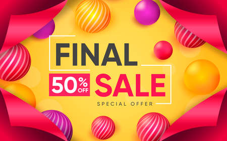 3d poster of Final Sale to 50 percent off discount price in realistic design. Flyer template with special offer for website background. Shopping concept. Vector illustration of advertising web bannerのイラスト素材