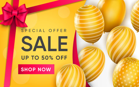 3d poster of Special Offer Sale to 50 percent off discount prices in realistic design. Flyer template offer for shop website background. Loyalty program. Vector illustration of advertising web bannerのイラスト素材
