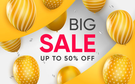 3d poster of Big Sale with to 50 percent off in realistic design. Promotional flyer template for shop website background. Purchases, discount prices. Vector illustration of advertising web bannerのイラスト素材