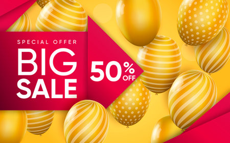 3d poster of Big Sale realistic design. Special offer with 50 percent off discount price. Shopping, retail. Promotional flyer template website background. Vector illustration of advertising web bannerのイラスト素材