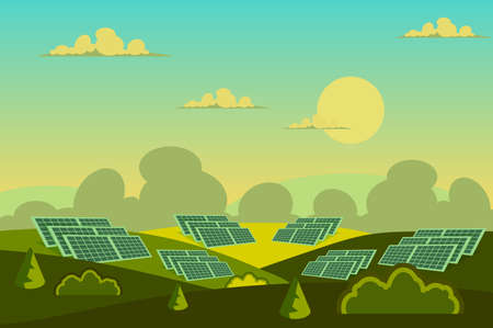 Solar panels in field landscape background in flat cartoon style. Green energy, renewable station, alternative power farm at meadow. Hills with trees. Nature scenery. Vector illustration of web bannerのイラスト素材