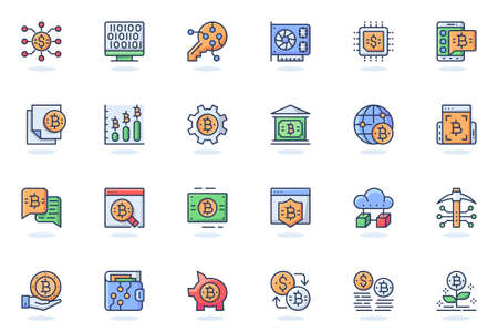 Bitcoin mining web flat line icon. Bundle outline pictogram of coin, gold, digital money, video card, electronic key, blockchain tech concept. Vector illustration of icons pack for website designのイラスト素材