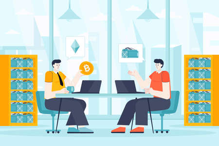 Cryptocurrency mining concept in flat design. Men make digital money scene. Miners use blockchain technologies, earn bitcoins, finance profit. Vector illustration of people characters for landing pageのイラスト素材