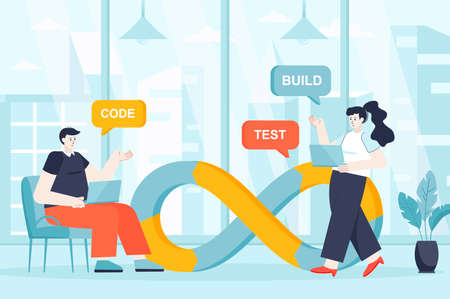 DevOps concept in flat design. Teamwork and communication in office scene. Developer and programmer working project, coding, testing building. Vector illustration of people characters for landing pageのイラスト素材