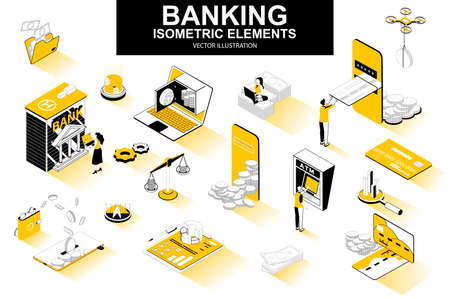 Banking services bundle of isometric elements. Digital wallet, bank building, credit card, mobile app, atm terminal, payment isolated icons. Isometric vector illustration kit with people characters.のイラスト素材