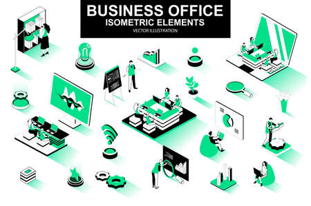 Business office bundle of isometric elements. Business analytics, project presentation, company teamwork, managers working isolated icons. Isometric vector illustration kit with people characters.のイラスト素材