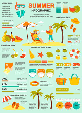 Summer vacation banner with infographic elements. Poster template with flowchart, data visualization, timeline, workflow, illustration. Vector info graphics design of marketing materials conceptのイラスト素材