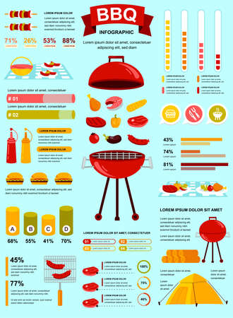 Bbq party banner with infographic elements. Barbecue poster template with flowchart, data visualization, timeline, workflow, illustration. Vector info graphics design of marketing materials conceptのイラスト素材