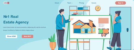 Real Estate Agency web banner concept. Realtor advises client, shows presentation with drawings of future home to buyer landing page template. Vector illustration with people characters in flat designのイラスト素材