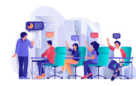Focus group concept in flat design. Marketing research of target audience scene template. Company colleagues meeting for discussion, brainstorming. Vector illustration of people characters activitiesのイラスト素材