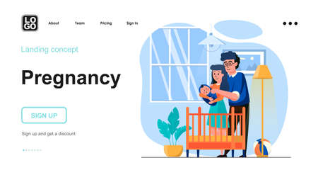 Pregnancy web concept. Young family with newborn baby in kid bedroom, motherhood and parenthood. Template of people scenes. Vector illustration with character activities in flat design for websiteのイラスト素材