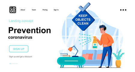 Prevention coronavirus web concept. Man keep objects clean using disinfection spray at home. Template of people scenes. Vector illustration with character activities in flat design for websiteのイラスト素材