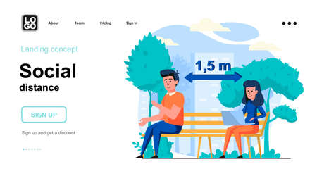 Social distance web concept. People distancing at city park, coronavirus epidemic prevention. Template of human scenes. Vector illustration with character activities in flat design for websiteのイラスト素材
