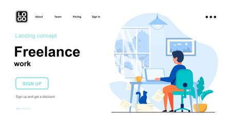Freelance work web concept. Man freelancer or remote worker works on computer from home office. Template of people scene. Vector illustration with character activities in flat design for websiteのイラスト素材