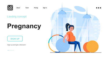 Pregnancy web concept. Pregnant woman exercising with pilates ball, fitness training, workout. Template of people scene. Vector illustration with character activities in flat design for websiteのイラスト素材