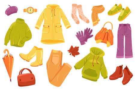 Autumn clothing cute stickers isolated set. Collection of sweater, raincoat, socks, scarf, gloves, pants, umbrella. Warm clothes for walking outdoors. Vector illustration in flat cartoon designのイラスト素材