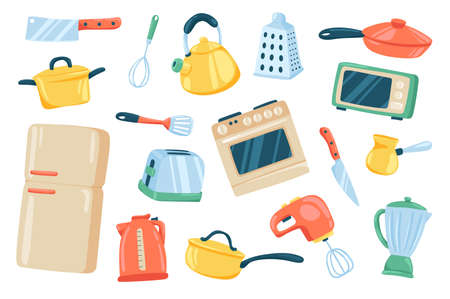Kitchen utensil cute stickers isolated set. Collection of knife, whisk, kettle, frying pan, microwave, oven, toaster, refrigerator, mixer, coffee maker. Vector illustration in flat cartoon designのイラスト素材