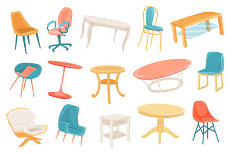 Furniture cute stickers isolated set. Collection of chairs and tables of different types. Stylish modern interior design for living room or dining room. Vector illustration in flat cartoon designのイラスト素材