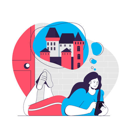Dreaming people web concept. Woman thinking historical castles and travel. Imagination people scene. Flat characters design for website. Vector illustration for social media promotional materialsのイラスト素材