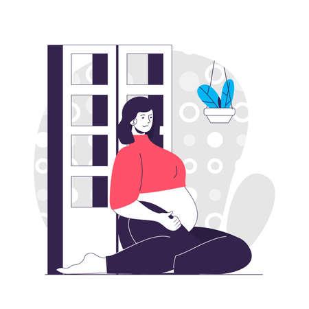 Pregnancy web concept. Pregnant woman with belly sitting on floor in room. Young family people scene. Flat characters design for website. Vector illustration for social media promotional materialsのイラスト素材