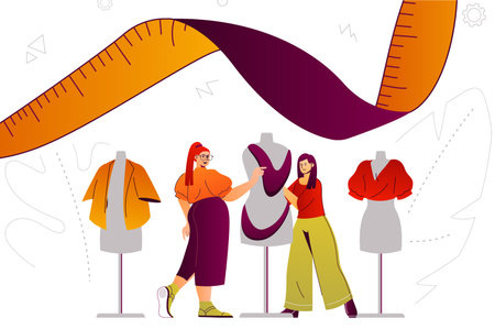 Clothes designer studio web concept. Fashion designer service, tailoring to order. People scene with...