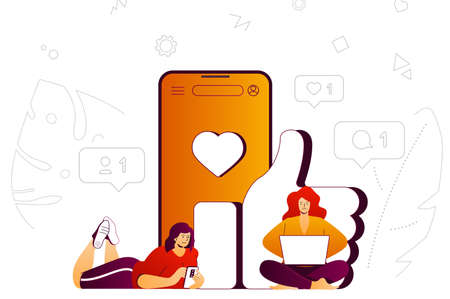 Social network web concept. Women chatting, likes, share and comment on posts. People scene with flat line characters design for website. Vector illustration for social media promotional materialsのイラスト素材
