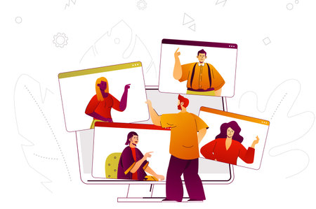 Video conference web concept. Online business meeting or video calling of friends. People scene with...
