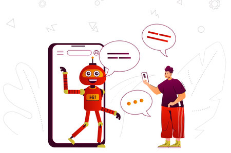 Virtual assistant web concept. Online assistant robot assists user in mobile app. People scene with...