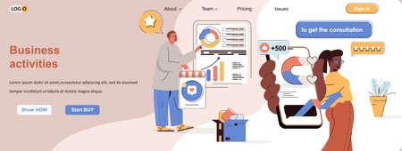 Business activities web concept. New project development, data analytics, career scene. Banner template with flat line characters design. Vector illustration for social media promotional materialsのイラスト素材