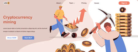 Cryptocurrency mining web concept. Businessmen make digital money, increase income scene. Banner template with flat line characters design. Vector illustration for social media promotional materialsのイラスト素材