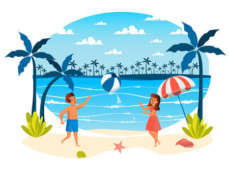 Summer vacation isolated scene. Girl and boy playing ball on beach. Children doing sport activities, resting at seaside resort, recreation tropical island. Vector illustration in flat cartoon designのイラスト素材