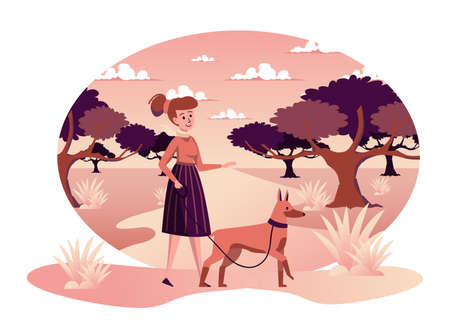 Woman walking dog in autumn park isolated scene. Female owner spends time with puppy, training pet in outdoors. Autumn landscape and seasonal activities. Vector illustration in flat cartoon designのイラスト素材