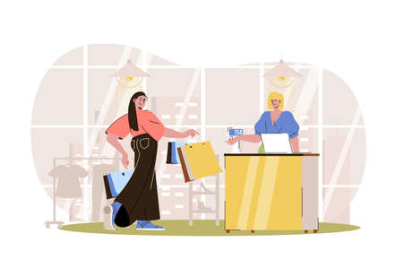 Shopping web character concept. Woman with bags pays for her purchases at checkout. Customer buys clothes in boutique, isolated scene with persons. Vector illustration with people in flat designのイラスト素材