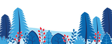 Winter nature background with landscape pattern concept. Horizontal border web banner with snowy wood with pine trees, bushes, plants with red berries. Vector illustration in flat design for websiteのイラスト素材