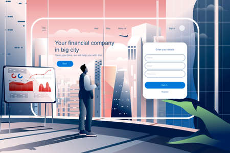 Financial company in big city concept. Business analyst services website layout. Accounting, data analysis, consulting, growth and development. Vector illustration in flat design for landing pageのイラスト素材
