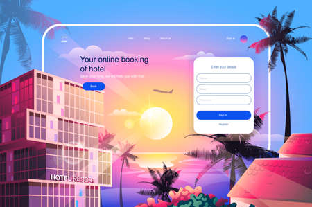 Online booking of hotel concept. Room and apartment reservation service website layout. International tourism and travel, go on vacation. Vector illustration in flat design for landing pageのイラスト素材