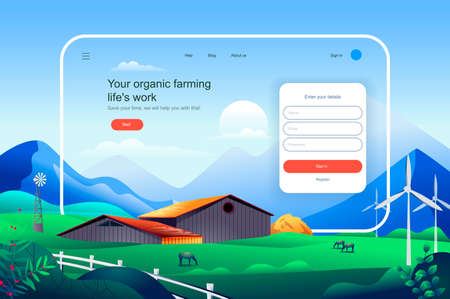 Organic farming lifes work concept. Agricultural business website layout. Eco friendly modern technologies in crop and livestock production. Vector illustration in flat design for landing pageのイラスト素材