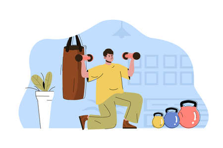 Body training concept. Man exercising with dumbbells, workout in gym situation. Active sport, fitness training people scene. Vector illustration with flat character design for website and mobile siteのイラスト素材